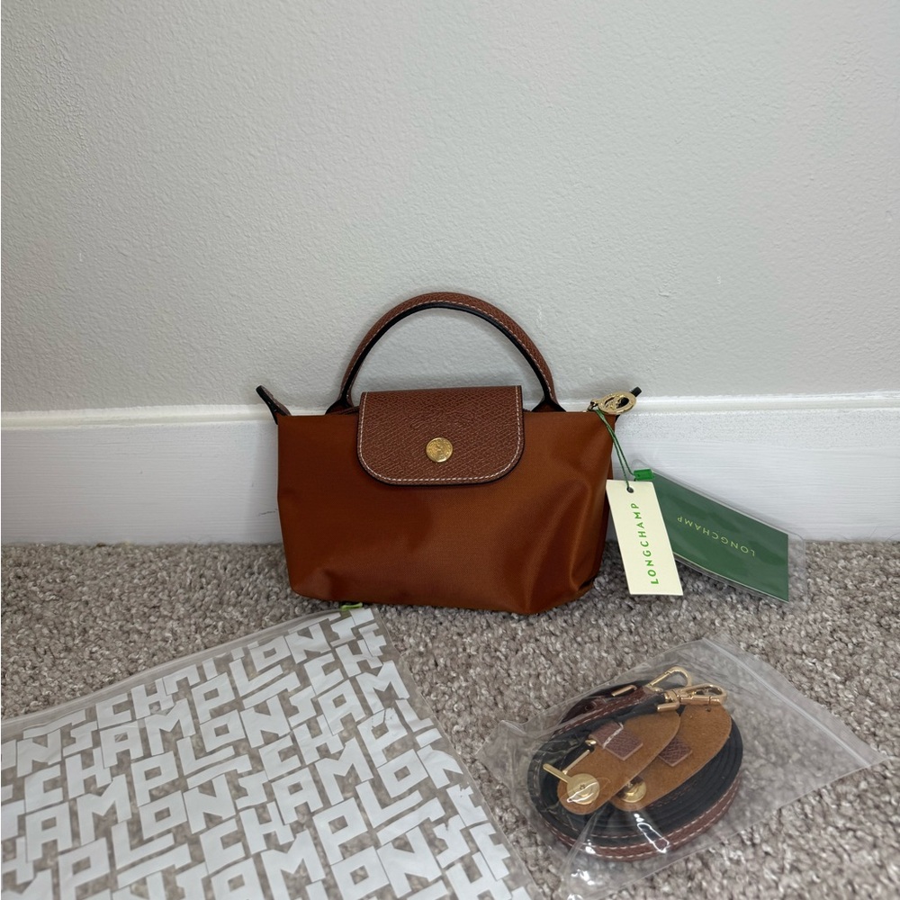 Longchamp Mini Brown Leather Women's Bag with straps tags and plastic bag NEW